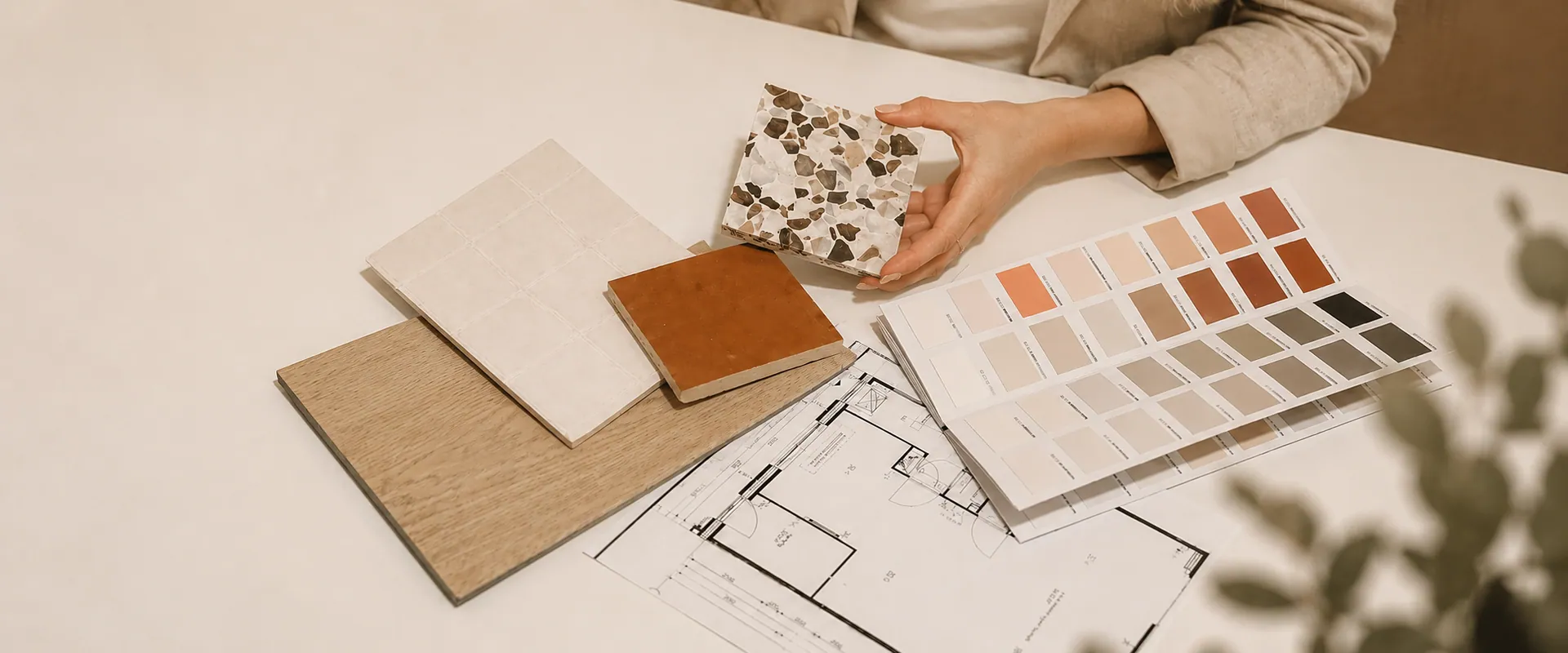 Materiaalstalen, een kleurenwaaier en een plattegrond op een lichte werktafel