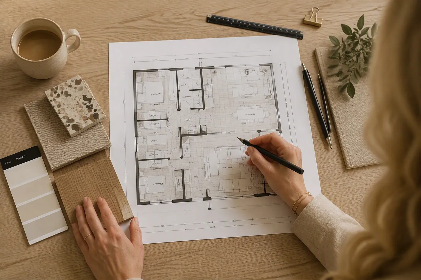 Plattegrond op schaal met materiaalstalen en een kleurenkaart ernaast