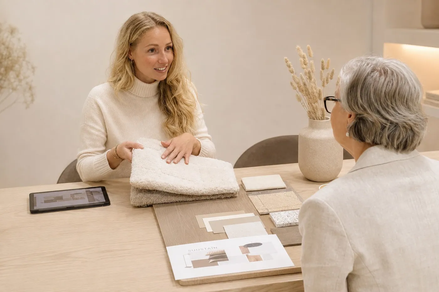 Suzanne van Suustain bespreekt stalen en een moodboard met een klant